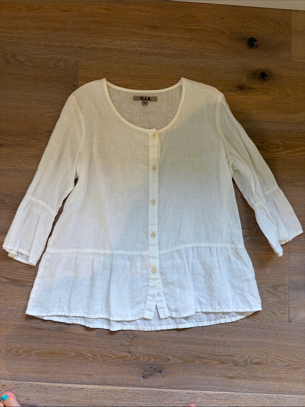 Flax White Linen Button-Down Scoop Neck Blouse